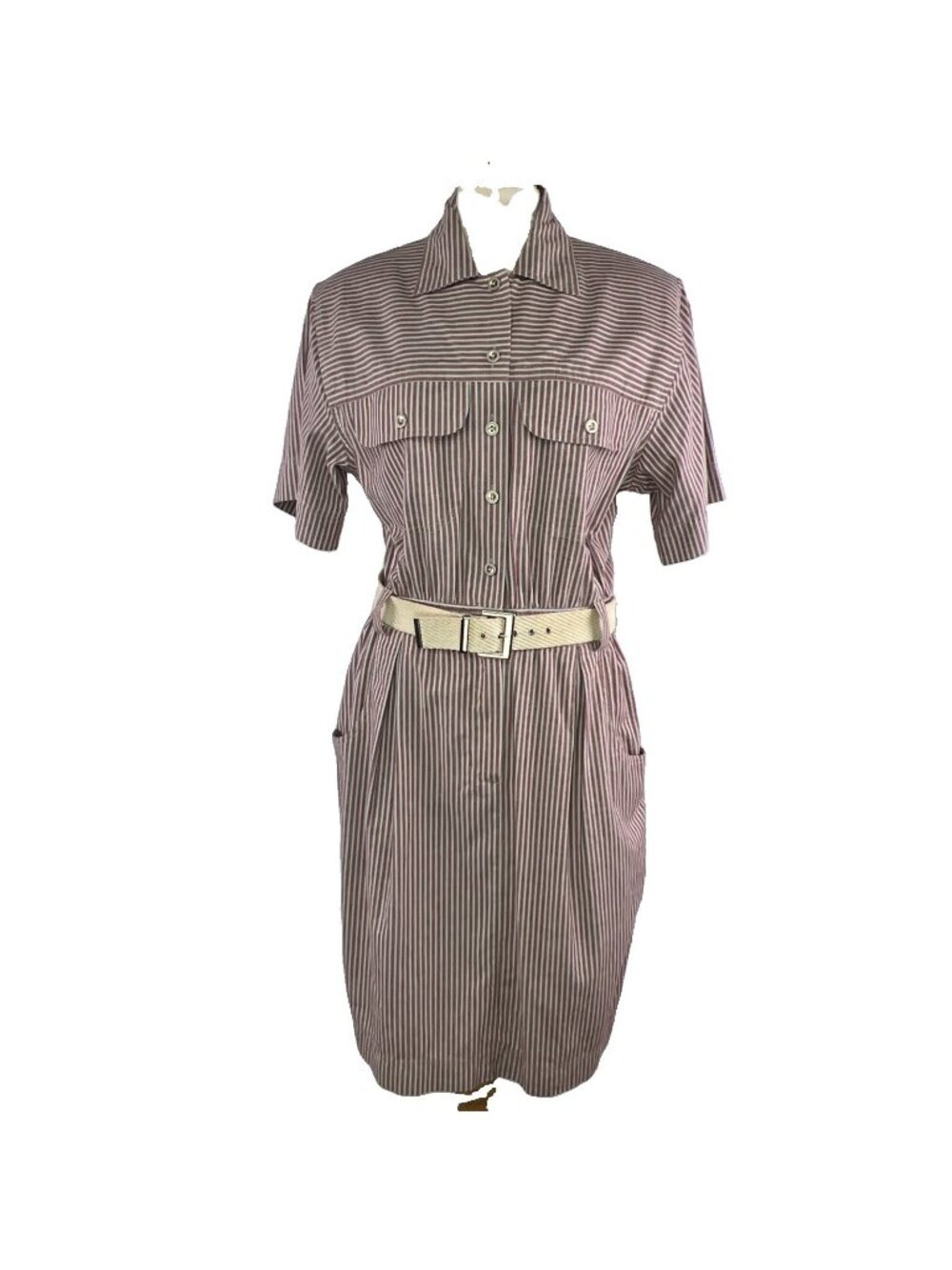 90s Liz Claiborne Sz 14 Red White Blue Striped Shirt Dress Belted 100% Cotton